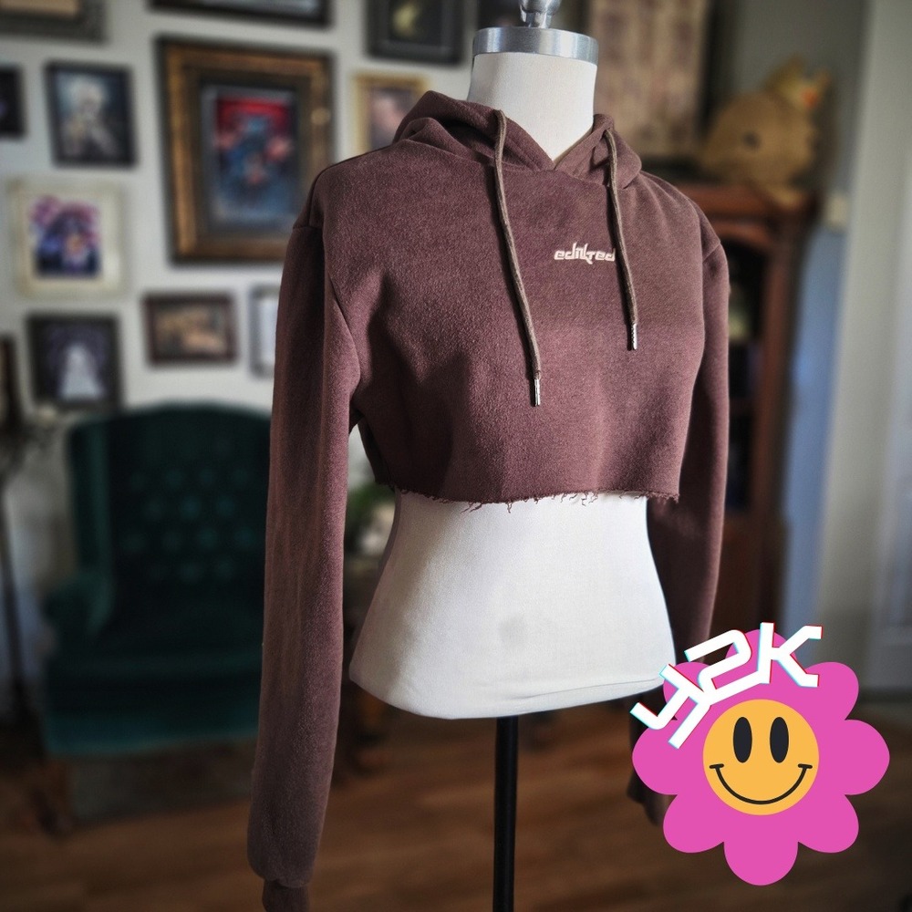 Vintage Y2K Edikted Brown Cropped Hoodie Raw Hem Long Sleeve Women's Casual